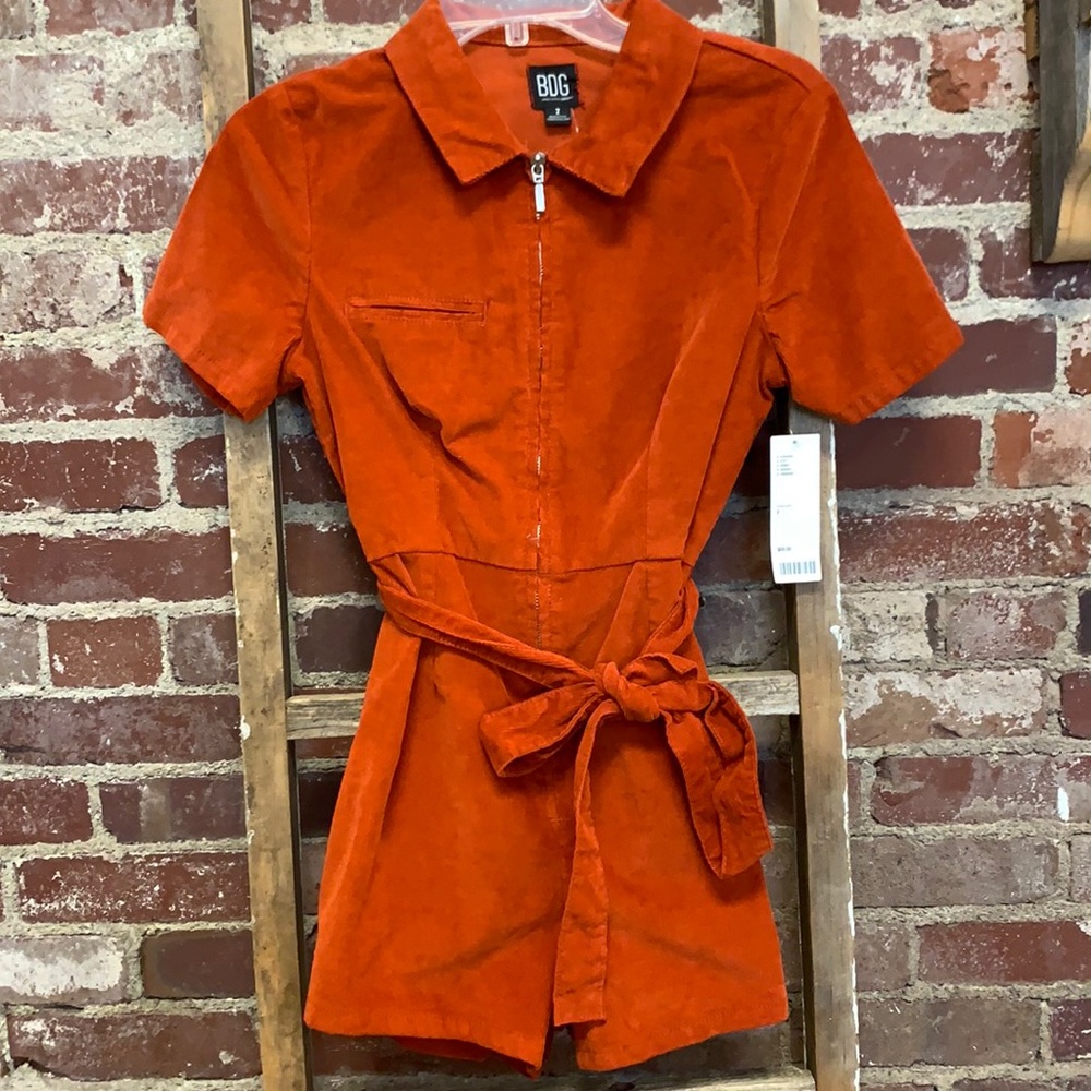 BDG Orange Short-Sleeve Corduroy Romper with Tie Waist